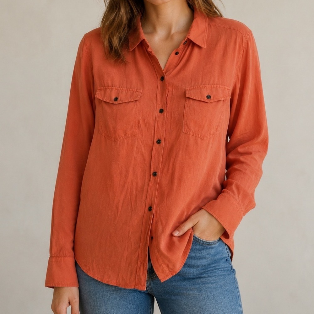 Fossil Womens Silk Long Sleeve Button Down Utility Shirt Coral Orange Size M